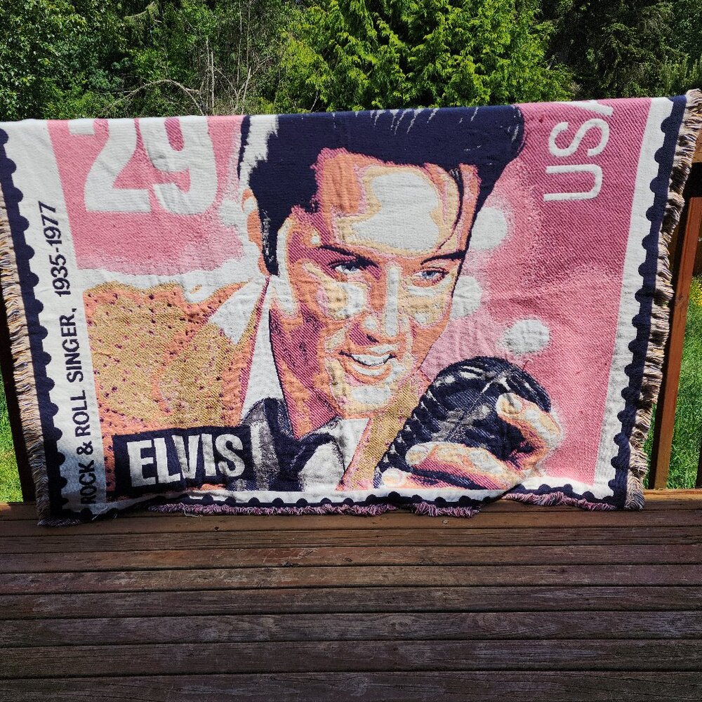 Goodwin Weaver 92 Pink Elvis Presley 29c Post Stamp 56X61" Fringe Throw Blanket